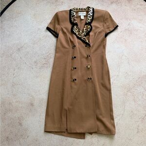 Danny & Nicole Tan Midi Dress with Leopard Trim